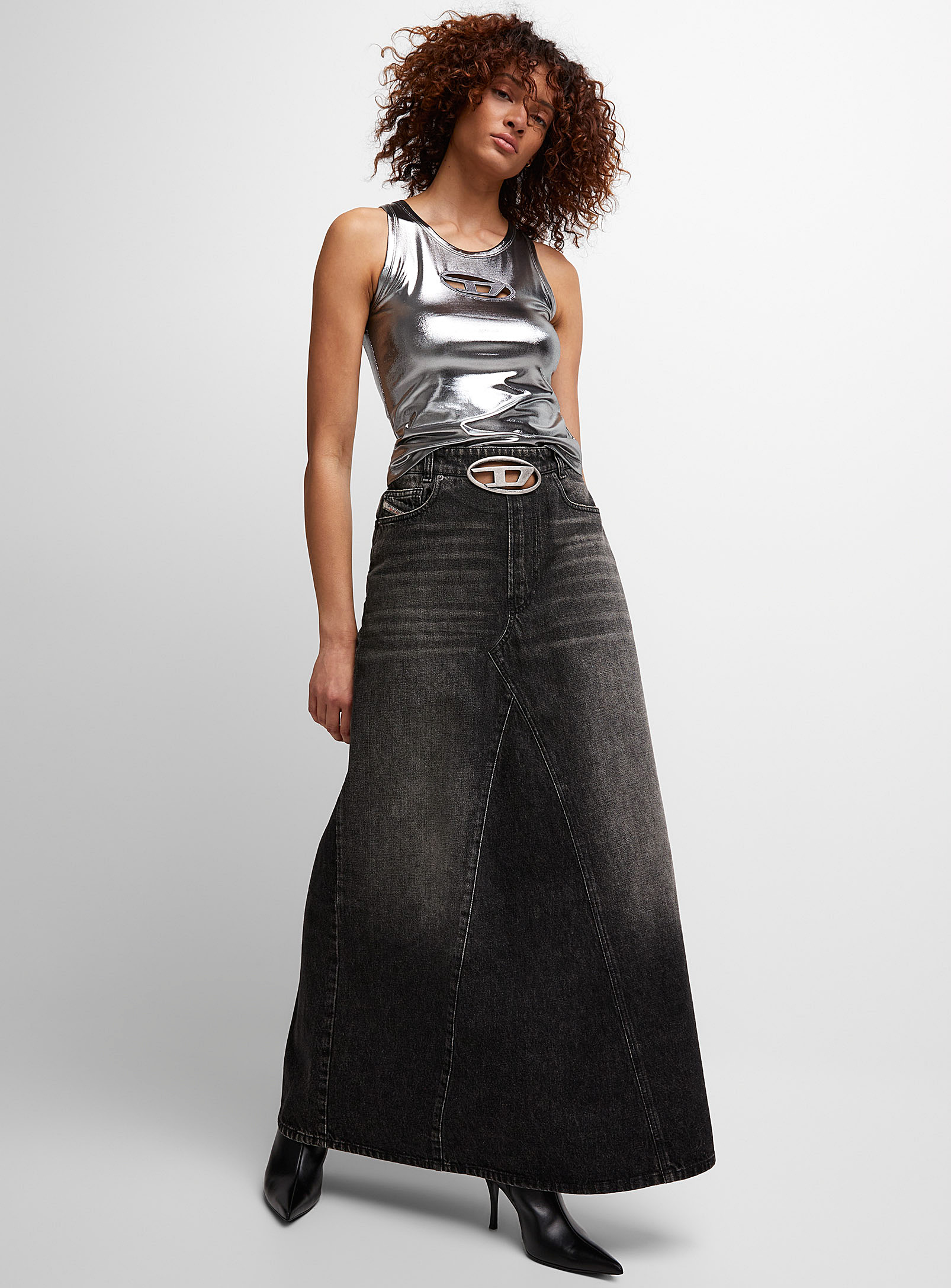 Shop Diesel De-pago-s3 Black Denim Skirt In Charcoal
