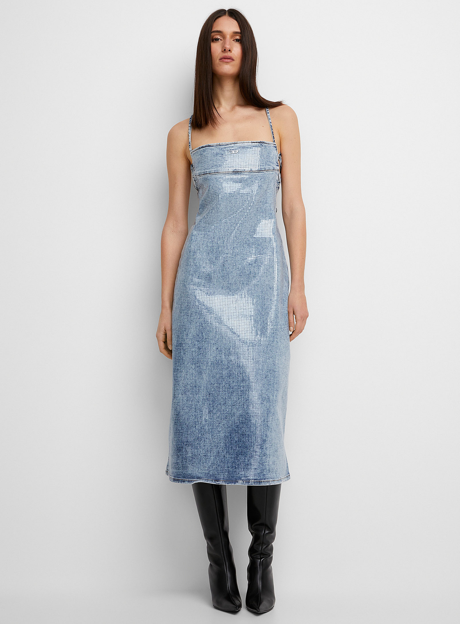 Shop Diesel Sparkling Denim Dress In Patterned Blue