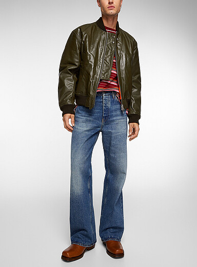 Sunflower Green Olive polished leather bomber jacket for men