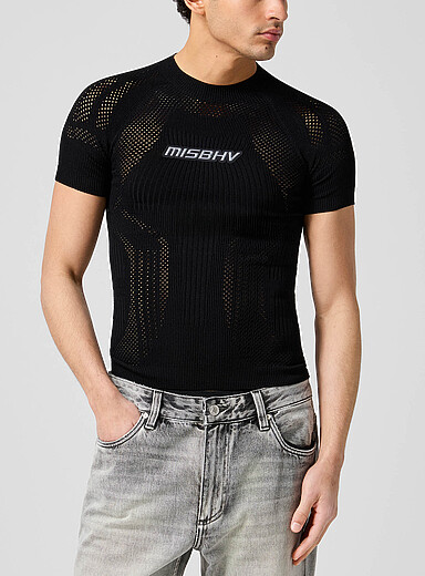 MISBHV Black Openwork knit signature fitted T-shirt for men
