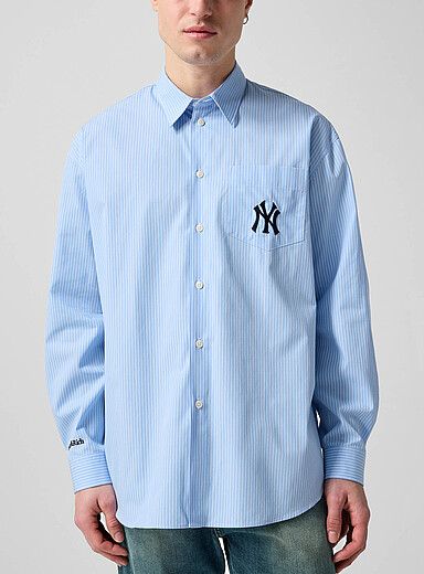 Sporty & Rich Patterned Blue Yankees embroidered logo striped shirt for men