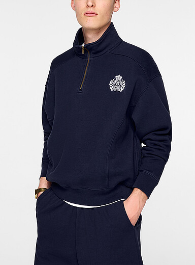 Sporty & Rich Navy/Midnight Blue Embroidered patch zip-collar sweatshirt for men