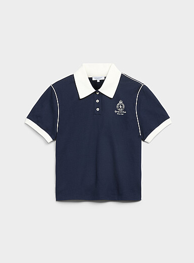 Sporty & Rich: Le polo piqu&eacute; bordures contraste Crown 70's Bleu marine - Bleu nuit pour homme