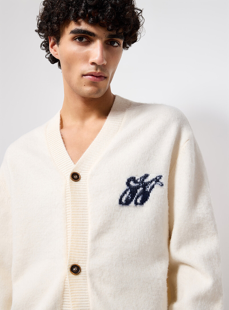Le 31: Le cardigan &eacute;court&eacute; tricot poilu Blanc cass&eacute; pour homme