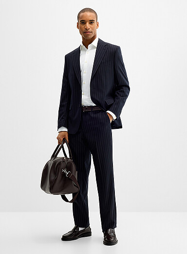 Banker-stripe navy suit Wool weave by Marzotto <b>London fit - Semi-slim</b>