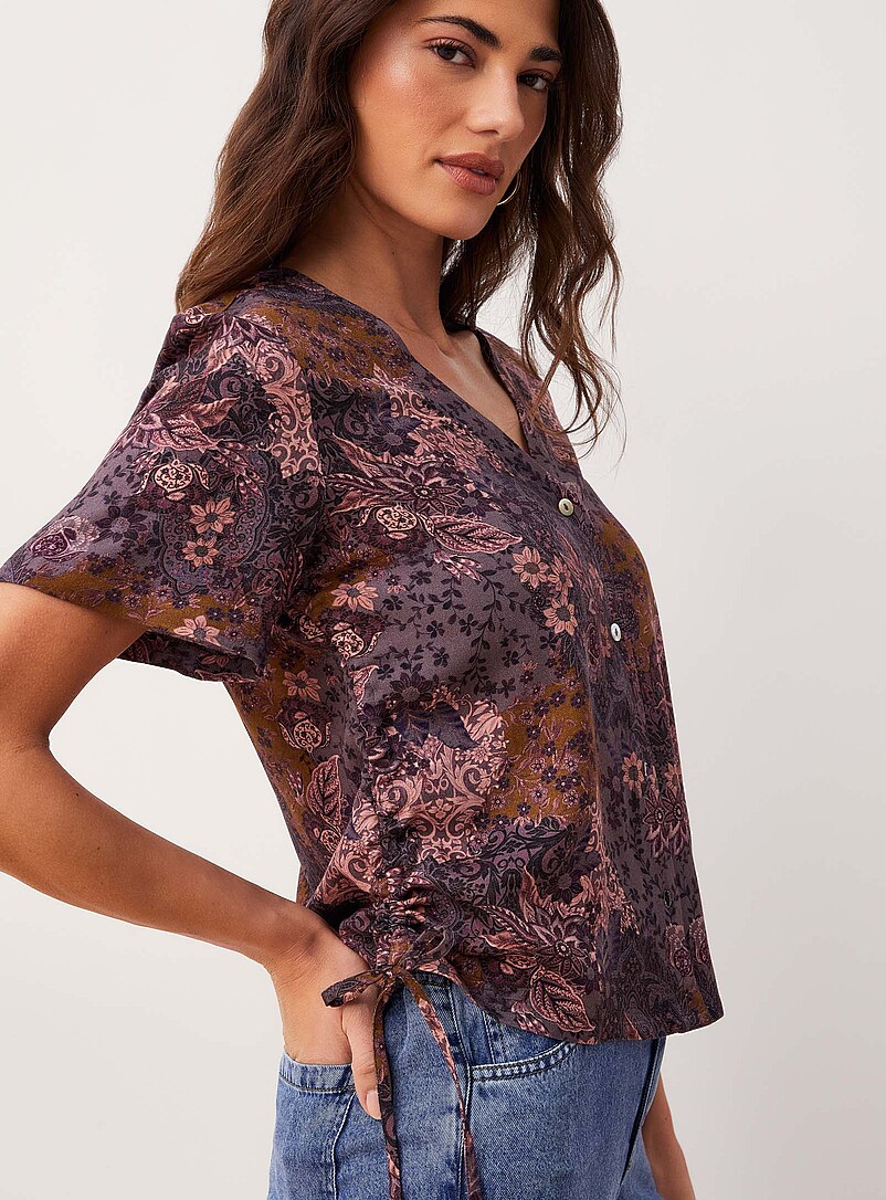 Ic&ocirc;ne: La blouse carr&eacute;e col V taille ajustable Violet pour femme