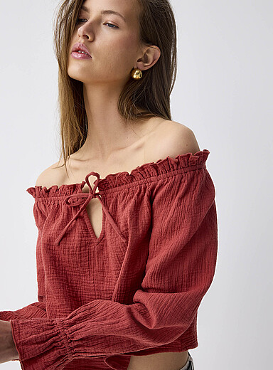 Twik Burnt/Brick Orange Ruffled off-the-shoulder blouse for women