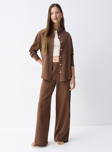 Twik Brown Wide-leg organic cotton gauze pant for women