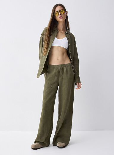 Twik Khaki/Sage/Olive Wide-leg organic cotton gauze pant for women