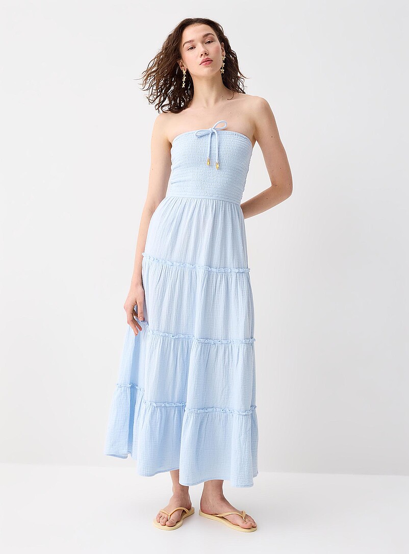 Twik White Organic cotton gauze tiered tube dress for women