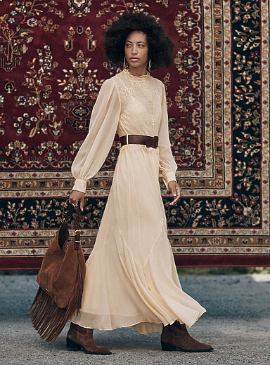 Ic&ocirc;ne Ivory/Cream Beige Scalloped lace sheer chiffon maxi dress for women