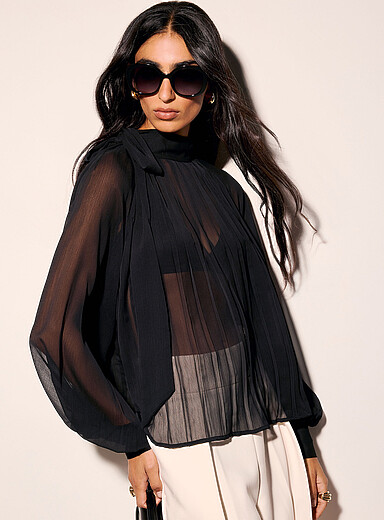 Sheer wrinkled chiffon scarf-neck blouse