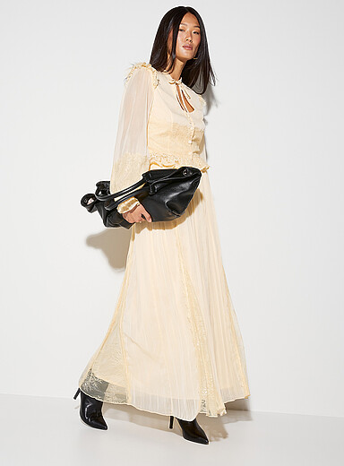 Ic&ocirc;ne Ivory/Cream Beige Sheer lace-trimmed chiffon skirt for women