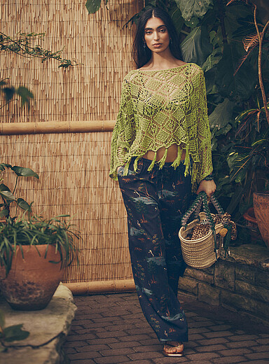 Printed drawstring-waist wide-leg pant
