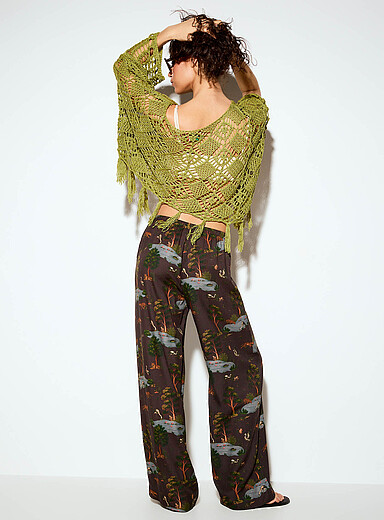 Printed drawstring-waist wide-leg pant