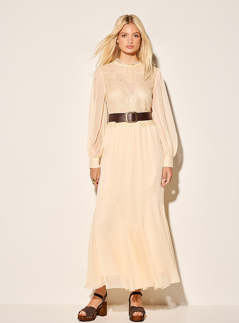 Scalloped lace sheer chiffon long dress product image (primary)