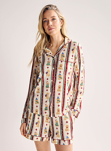 Chelsea Peers Patterned Beige Festive dogs pyjama set <b>Christmas Collection</b> for women
