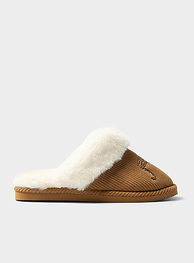 Chelsea Peers Hazelnut Embroidered leopard faux-fur ribbed slippers for women