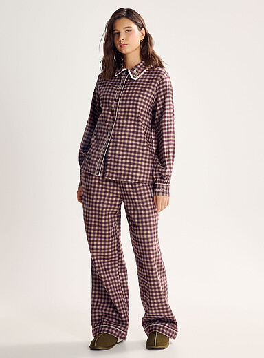 Chelsea Peers Patterned Brown Ruffled embroidered collar brown gingham flannel pyjama set for women