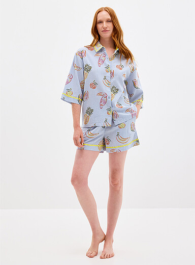 Chelsea Peers Patterned Blue Toucans and fruit striped seersucker pyjama set for women