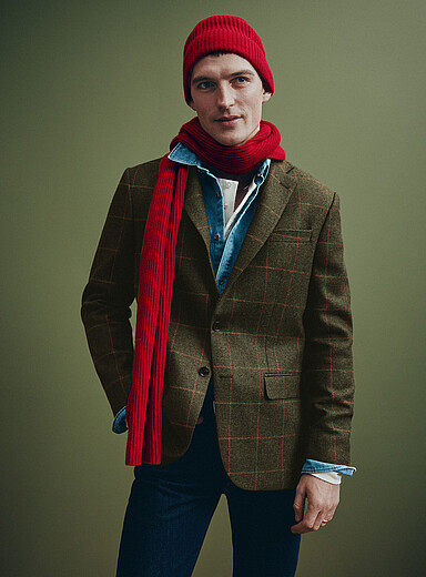 Le 31 Mossy Green Moss-green windowpane check jacket 100% wool weave by Mallalieus <b>Berlin fit - Regular</b> for men