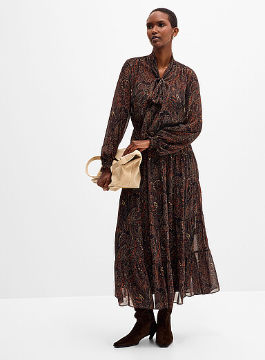 Lauren Ralph Lauren Patterned Black Paisley pattern tie-neck chiffon dress for women