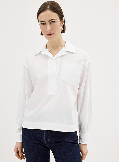 Patch pocket open-collar loose blouse