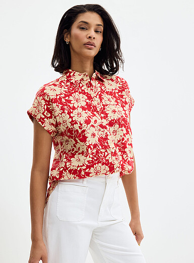 Scarlet garden cap-sleeve linen shirt