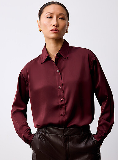 Lauren Ralph Lauren: La chemise allong&eacute;e satin fluide  Bourgogne pour femme