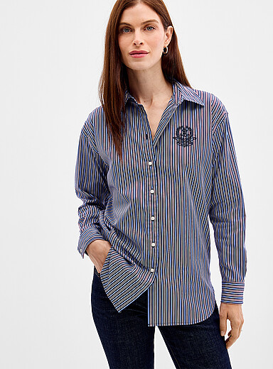 Lauren Ralph Lauren: La chemise ray&eacute;e broderie armoiries Bleu &agrave; motifs pour femme