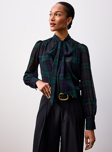 Lauren Ralph Lauren Patterned Blue Tartan chiffon tie-neck blouse for women
