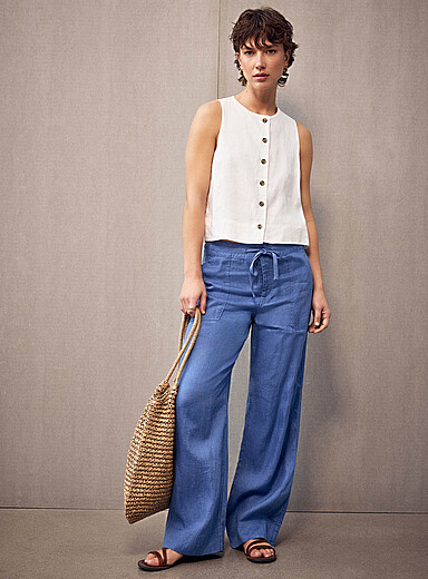 Steel blue pure linen pant <b>Fit: Wide leg, mid rise</b>