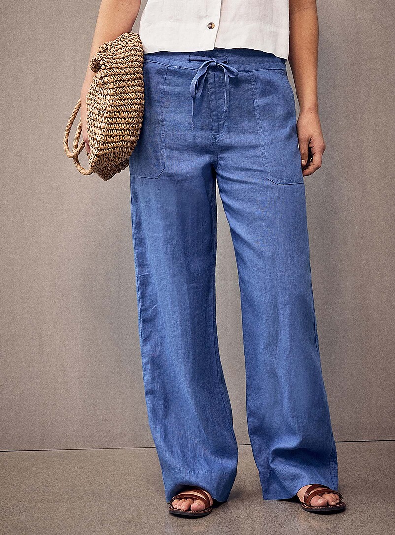 Lauren Ralph Lauren: Le pantalon pur lin bleu acier <b>Coupe : jambe large, taille mi-haute</b> Bleu pour femme