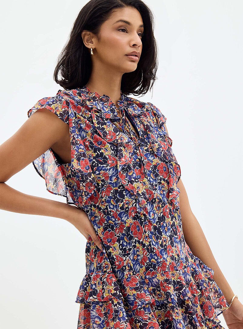 Lauren Ralph Lauren: La robe chiffon fleuri &agrave; volants Bleu &agrave; motifs pour femme