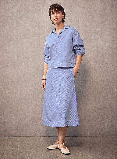Striped poplin flared midi skirt