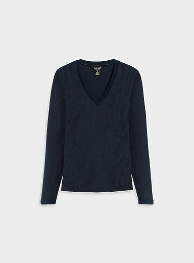 Lauren Ralph Lauren: Le t-shirt c&ocirc;tel&eacute; manches longues col V Bleu marine - Bleu nuit pour femme