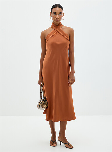 Lauren Ralph Lauren Orange Twisted halter satiny dress for women