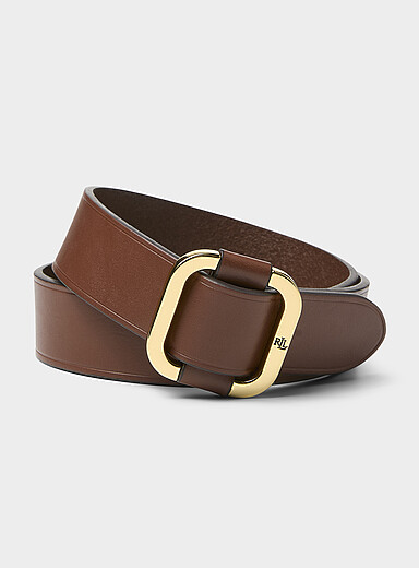 Square metallic buckle wide leather belt
