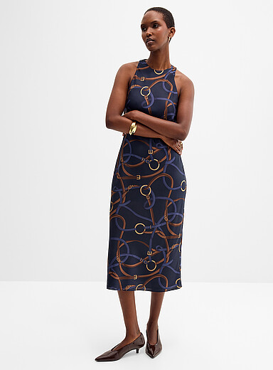 Lauren Ralph Lauren: La robe satin&eacute;e motif ceintures Bleu &agrave; motifs pour femme