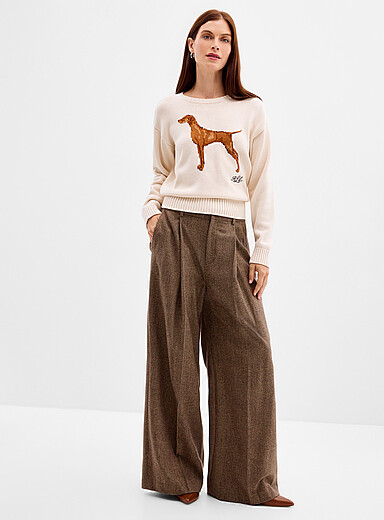 Lauren Ralph Lauren: Le pantalon laine carreaux caf&eacute; <b>Coupe : jambe large, taille tr&egrave;s haute</b> Brun &agrave; motifs pour femme