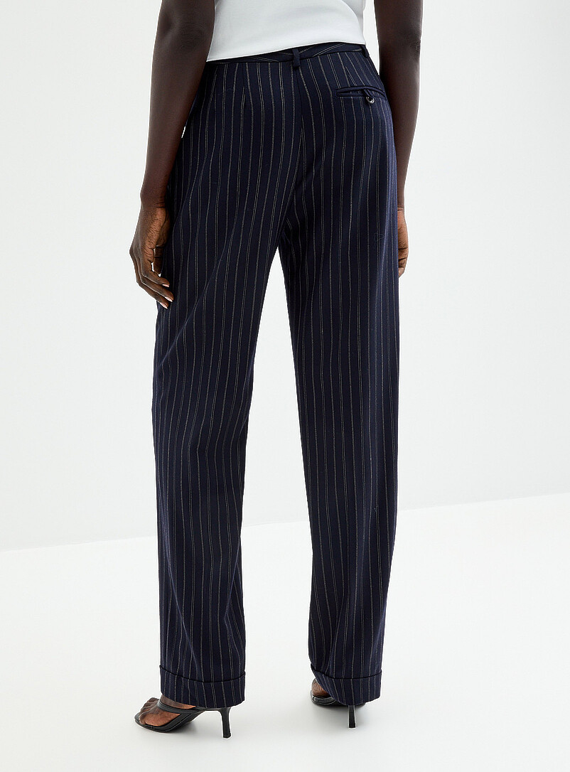 Lauren Ralph Lauren: Le pantalon laine souple rayures banquier <b>Coupe : jambe droite, taille haute</b> Bleu marine - Bleu nuit pour femme