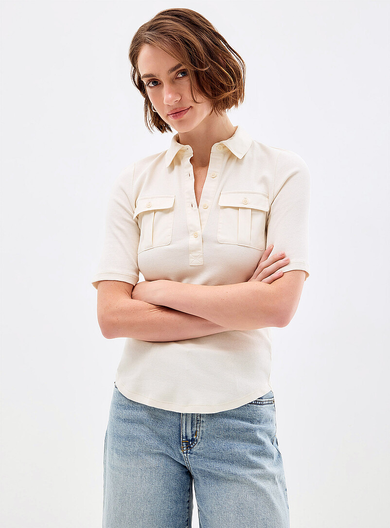 Dual-material ribbed utilitarian polo shirt product image (primary)
