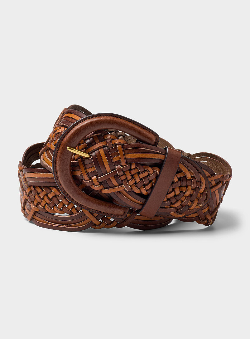 D-buckle two-tone braided leather belt product image (primary)