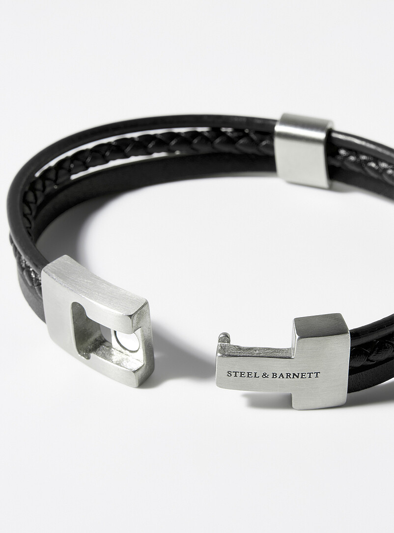 Black leather three-row bracelet product image 2