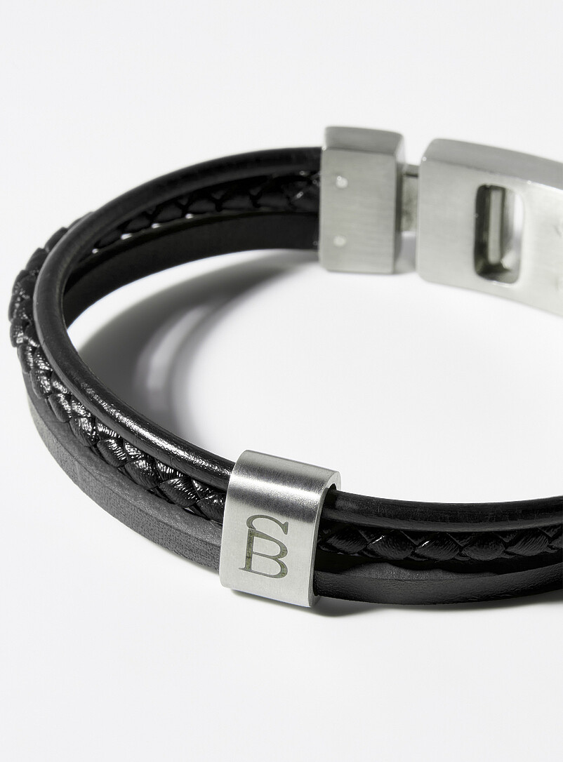 Black leather three-row bracelet product image 3