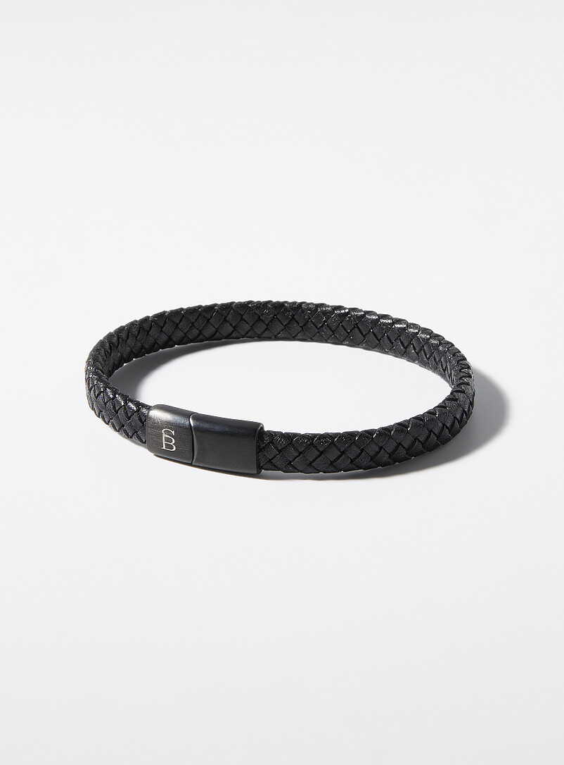 All-black braided leather bracelet product image (primary)
