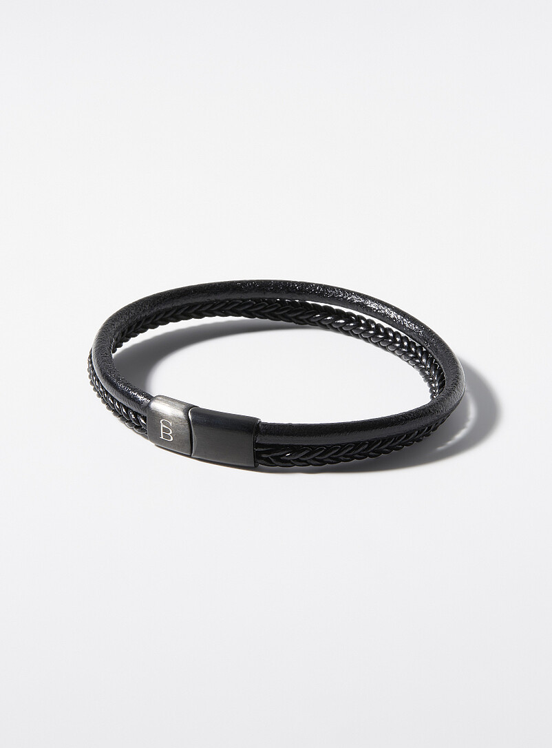 Black leather two-row bracelet product image (primary)