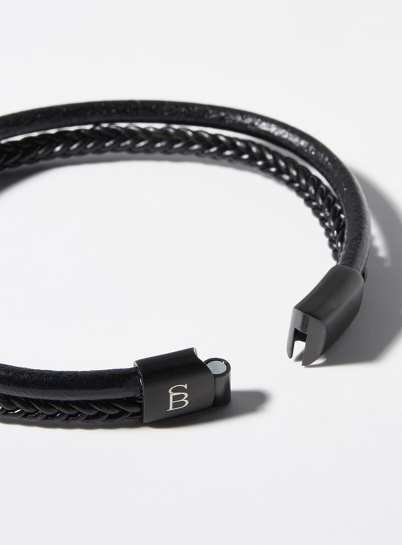 Black leather two-row bracelet product image 2