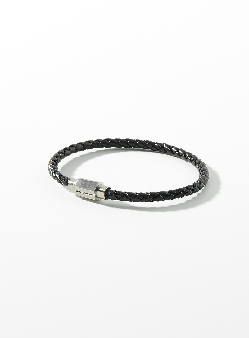 Thin black braided leather bracelet product image (primary)