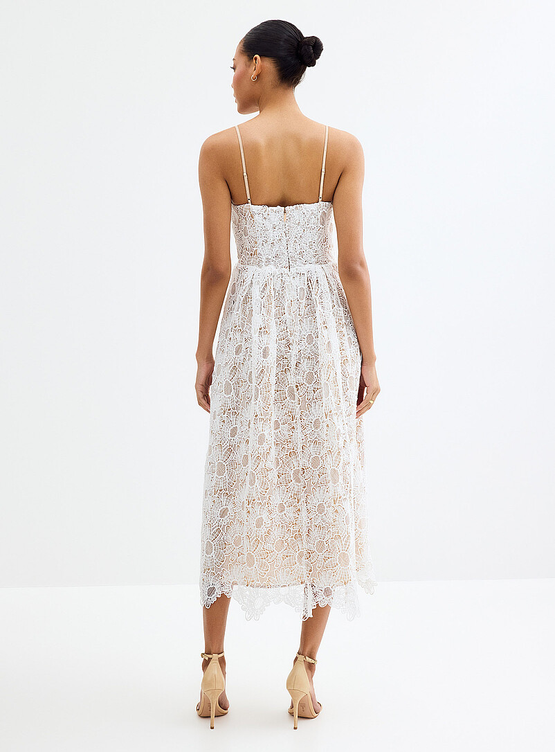 LUCY PARIS: La robe midi guipure vanille Astoria Blanc pour femme